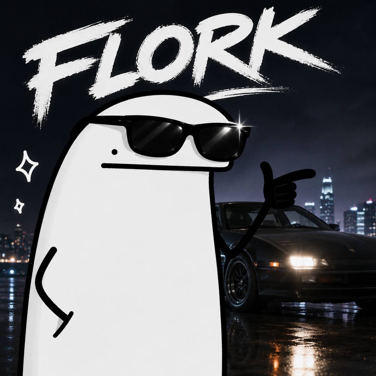 Cool Flork with sunglasses beside a sports car at night